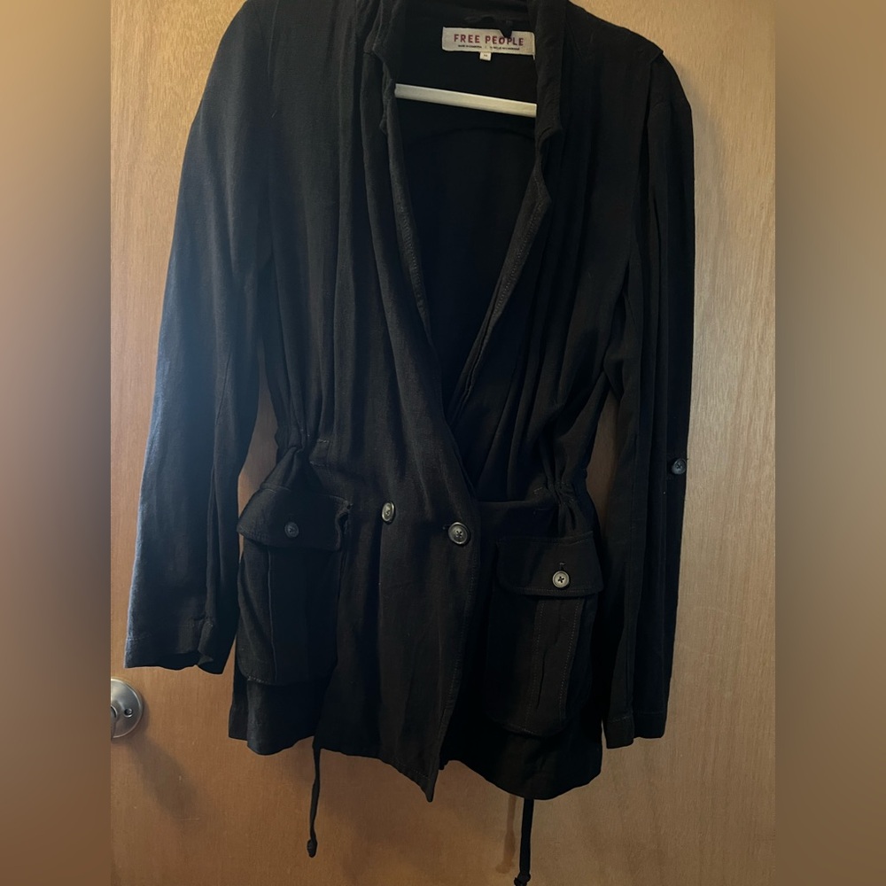 Free People Jacket Womens XS Black Linen Relaxed Blazer Oversized Slouch